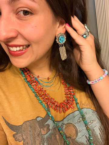 Turquoise Earrings with Dangling Feathers